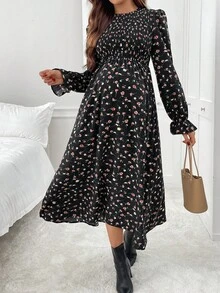 SHEIN 孕妇休闲碎花连衣裙，秋季 - 黑色 - 查看 5