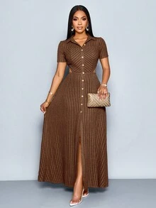 SOLERSUN Women's Elegant V-Neck Textured Fabric Open Front Buttoned Short Sleeved Maxi Dress - Coffee Brown - View 5