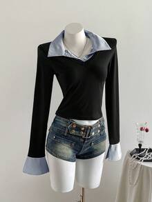 Sweetra 1pc Women's Striped Splice Asymmetrical Hem Tight Long Sleeve T-Shirt, 2 In 1 Shirt Collar, Fashion Casual Street Style, Autumn/Winter Graphic Tees Women Tops For Spring