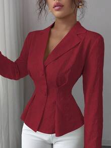 Elenzga New Women's Lapel Long Sleeve Jacquard Woven Open Front Waist Ruched Waist Design Casual Vacation Daily Versatile Commute Elegant Lady Blazer - Burgundy - View 3