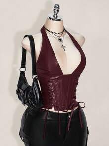 SHEIN ICON 大码女式纯色简约休闲 PU 皮革露背领扣眼装饰系带背心 Y2K 外出酒红色 V 领露肩上衣 - 酒紅色 - 查看 3