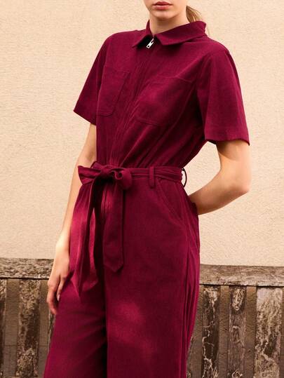 lacRébo Burgundy Corduroy Utility Jumpsuit With Belt And Zip Closure Spring Women Clothes Spring Summer Going Out Outfits  Outfits Premium Jumpsuit