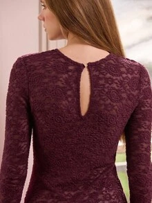 lacRébo Purple Semi-Sheer Midi Dress With Long Sleeves And Keyhole Detail Spring Spring Summer Office Dress Wedding Guest Dress - Purple - View 7