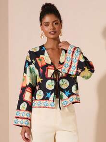 Travachic Áo sơ mi tay dài buộc dây phía trước họa tiết trái cây thường ngày dành cho nữ, Áo cánh Boho, Mùa thu sang trọng, Đi chơi, Thanh lịch, Phong cách đồng quê dành cho nữ, Mùa thu dành cho nữ - màu đen - Xem 6