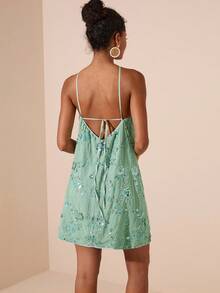 Travachic 女士性感露背系带亮片串珠装饰夏季海滩度假连衣裙 - 綠色 - 查看 2