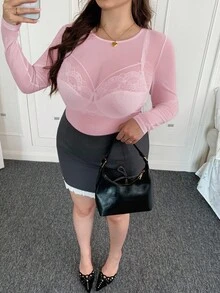 CovetEZ Plus Size Women's Solid Color See-Through Crew Neck Long Sleeve Top - Pink - View 8