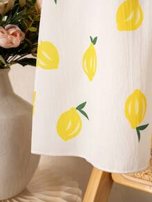 SHEIN Vintaside Kids Young Girl Lemon Print Pattern Ruffle Trim Cap Sleeve Dress - Multicolor - View 9