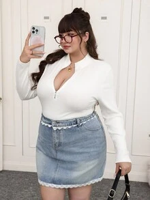 SHEIN EZwear Große Größen Stehkragen Halber Reißverschluss Langarm Gerippter Bodysuit - Weiss - Übersicht 3