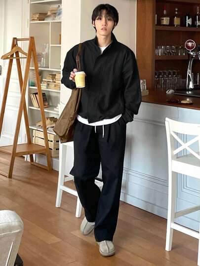 DAZY 男士休闲纯色拉链立领夹克，时尚街头风格，秋季，垃圾摇滚