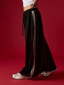 MISSGUIDED Contrast Stripe Satin Joggers Wide Leg Palazzo Pants With Elastic Waistband For Casual Comfort - Black - View 4