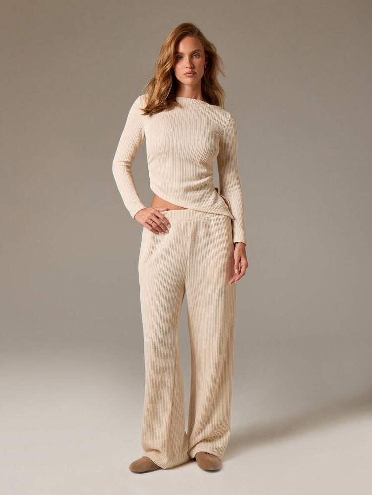 Ribbed Knit Crop Top And Wide Leg Pants Set