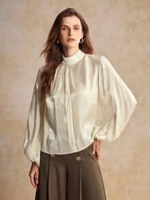 House of One Turtleneck Draped Bishop Sleeves Shiny Top Women Spring Autumn Casual Elegant Wear