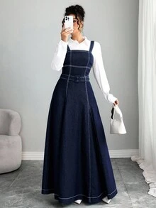 Selianne 女式优雅休闲深色牛仔连衣裙 - 深色水洗藍 - 查看 1