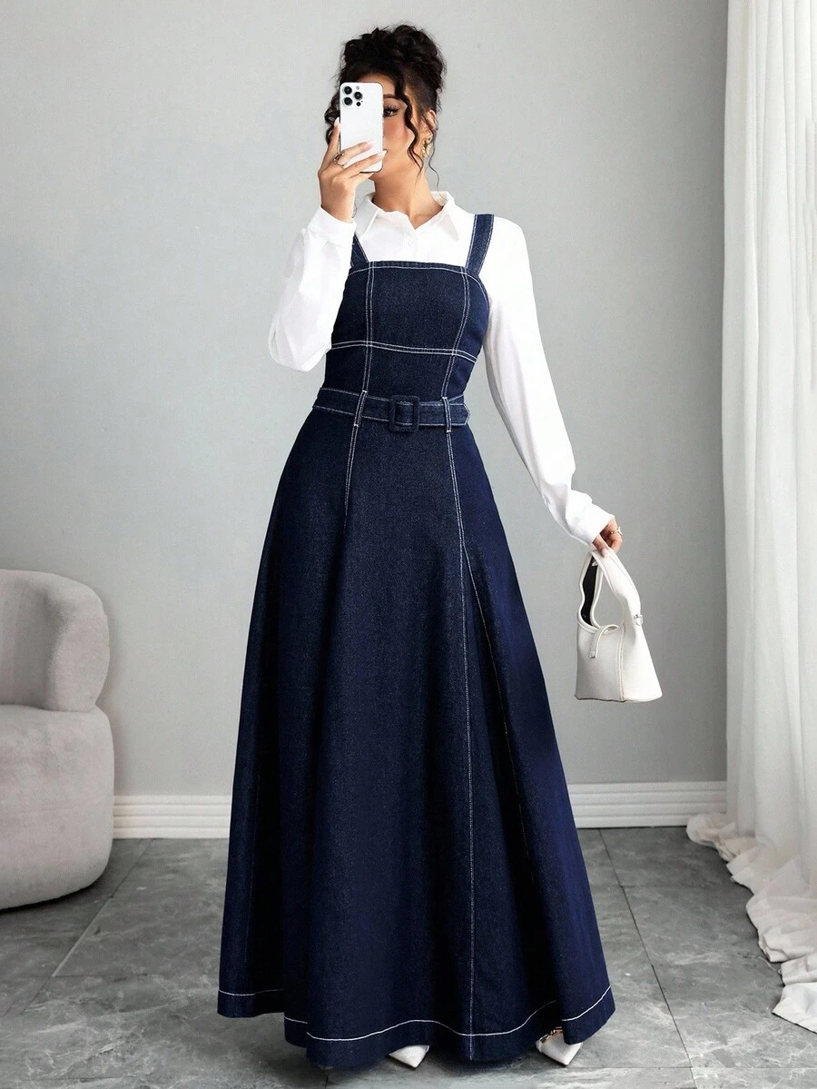 Selianne 女式优雅休闲深色牛仔连衣裙 - 深色水洗藍 - 查看 1