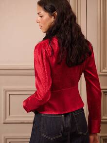 lacRébo Red Satin Leopard Print Jacquard Wrap Front Blouse With Side Button Detail Fall Women Clothes Autumn Winter Office Outfits Christmas Outfits New Year