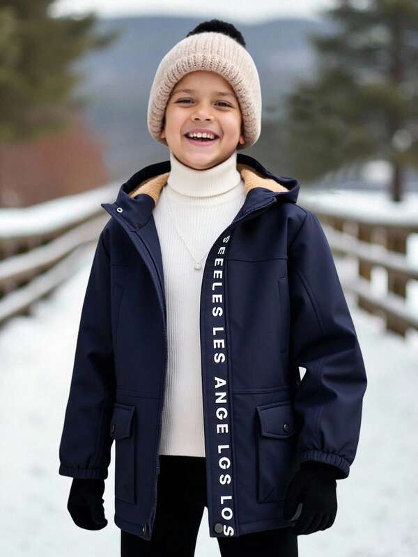 SHEIN Tween Boys' Letter Print Zip-Up Hoodie Jacket With Thermal Lined, Autumn/Winter Boys Winter Jackets Boys Hooded Jackets Boys Fleece Jackets Kids Winter Coats Boys Coats Boys Kids Boys Teen Boys First Day Of School Tween Boys Mommy And Me For Kids Winter Autumn Fall