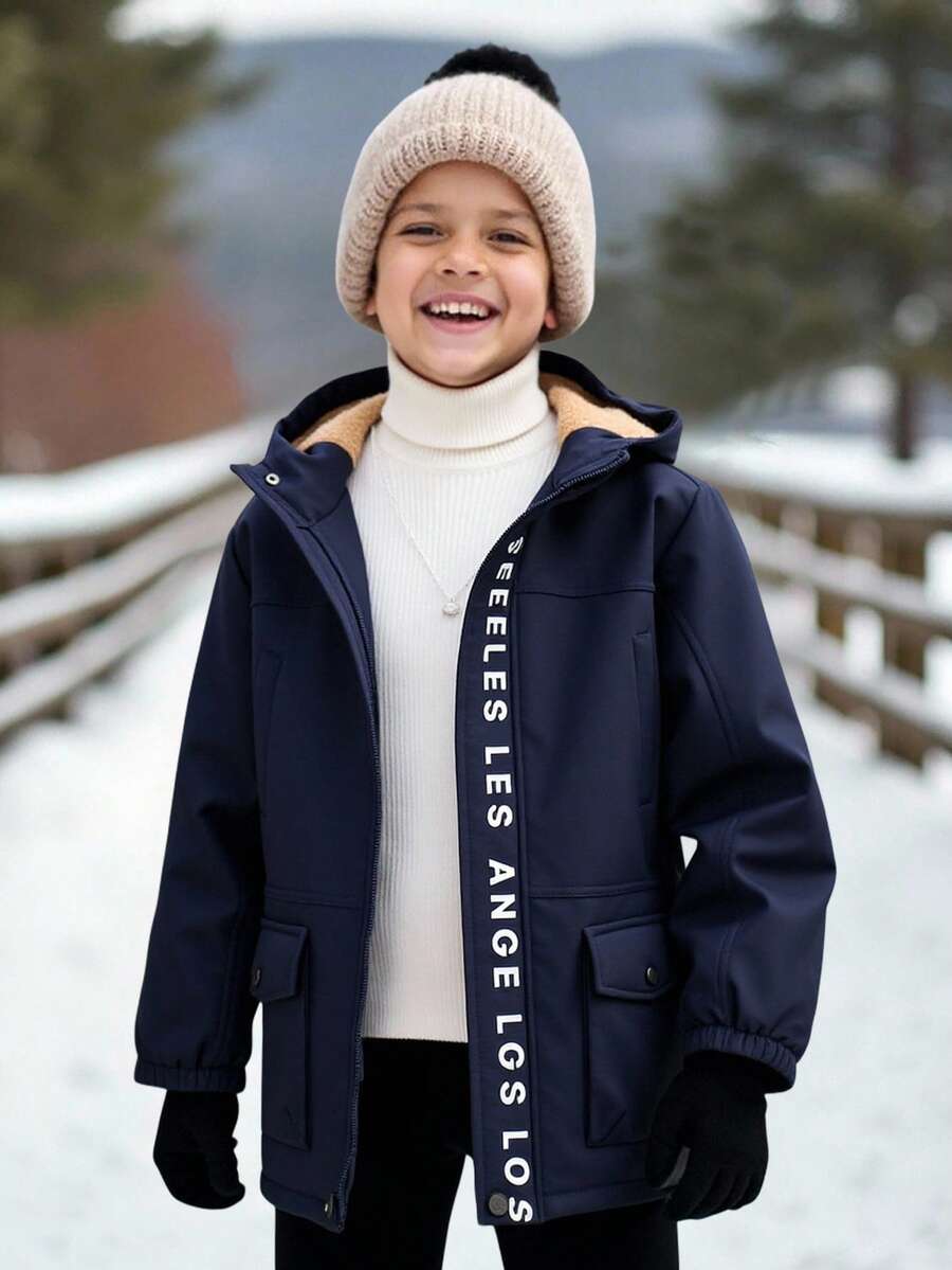 SHEIN 青少年男童字母印花拉链连帽夹克，带保暖内衬，秋冬男童冬季夹克，男童连帽夹克，男童羊毛夹克，儿童冬季外套，男童外套