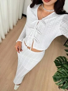 SHEIN 2pcs/Set Teen Girl Casual Elegant Textured Tie-Front Long Sleeve Shirt & Midi Skirt Fall Winter - White - View 2