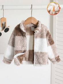 SHEIN 男女通用婴儿格子毛绒立领拉链夹克，可爱百搭，秋冬婴儿服装 - 彩色 - 查看 3