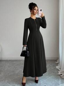 Elenzga Đầm midi dài tay xòe cổ tròn màu nâu cà phê thanh lịch dành cho nữ, thiết kế cao cấp, ôm sát eo, dáng suông, thích hợp mặc đi làm vào mùa thu - màu đen - Xem 6