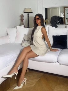 Ronhire Conjunto de top de tirantes sin mangas con espalda descubierta y falda mini plisada de lino caqui para mujer, romántico y elegante, ideal para vacaciones, citas, fiestas, graduación, invitada de boda y playa. Conjunto de dos piezas de verano para mujer, atuendo de dos piezas para uso diario, ropa de verano - Albaricoque - Ver 5