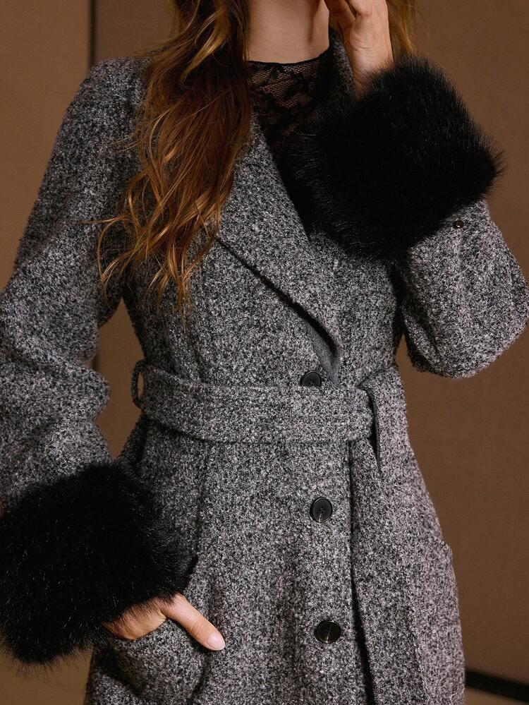 WOOL BLEND COLOR BLOCK CONTRAST FUZZY PANEL BELTED LONG OVERCOAT, AUTUMN/WINTER
