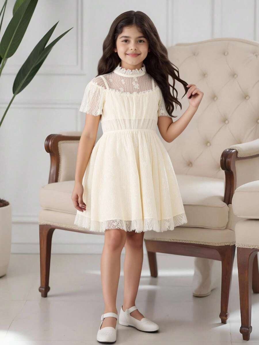 女孩荷葉邊領口網紗喇叭連衣裙 - 杏色 - 查看 1