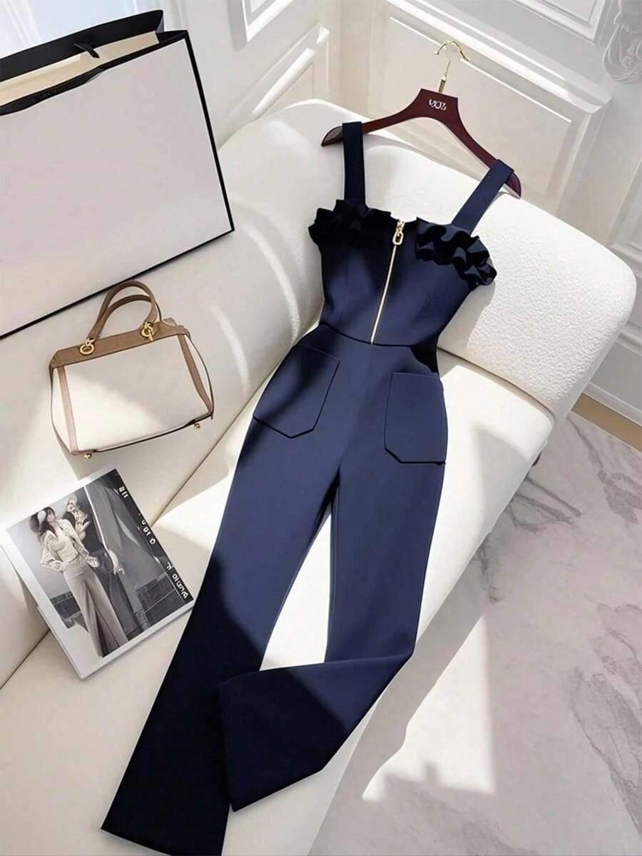 Franclia Bộ jumpsuit thanh lịch, duyên dáng với chi tiết bèo nhún và khóa kéo trang trí, màu đen tôn dáng. - Màu xanh hải quân - Xem 1