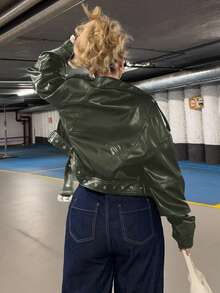 Jeta Ari Women's Fashion Zip-Up Stand Collar Motorcycle Jacket, Autumn - Army Green - View 6