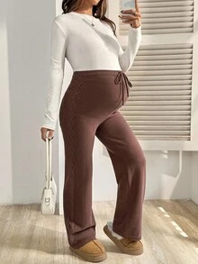 SHEIN Fall Autumn Pants, Maternity Autumn Pregnant Women's Solid Color Knot Embroidery Warm Knit Pants, Autumn/Winter Pregnancy Pants Maternity Pants Maternity Winter Pants