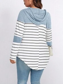 Linhara Plus Size Color Block Striped Hooded Casual T-Shirt Graphic Tees Women Tops Fall Cloth For Women - Blue - View 2