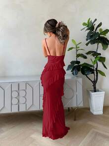 Jemour 浪漫约会细肩带垂褶下摆女式紧身连衣裙，春夏 - 紅色 - 查看 2