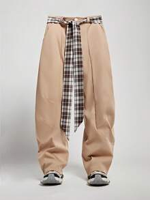 ROMWE MEN Prep Men's Loose Minimalist Plaid Ribbon Barrel Leg Pants, For Fall - Multicolor - View 6