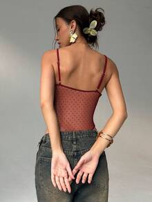 Aloruh 女士性感纯色透明蕾丝紧身衣，夏季 - 酒紅色 - 查看 2