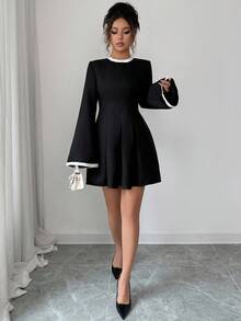 Elenzga Elegant Black & White Contrast Color Fitted Crew Neck Long Sleeve Mini Dress - Black - View 5