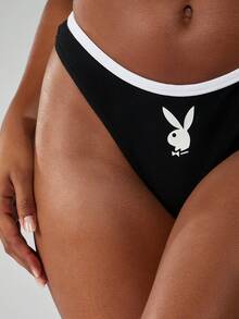Missguided x Playboy 女士高腰内裤 撞色绑带设计 棉质丁字裤 比基尼内裤 兔子标志系列 - 黑與白 - 查看 4