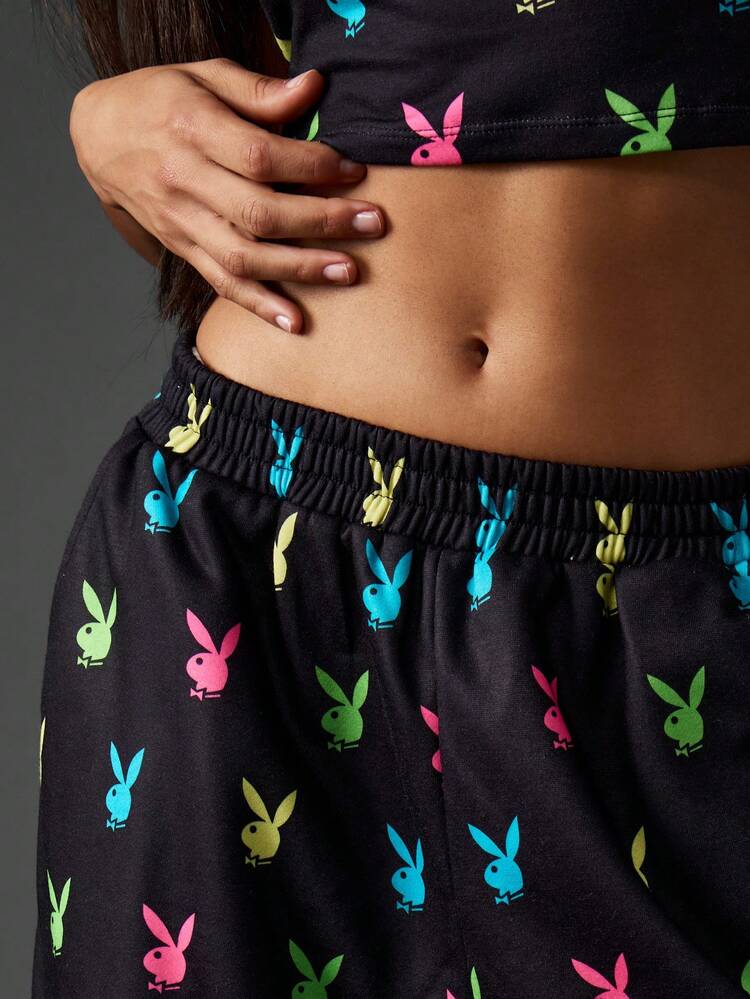 Missguided x Playboy Pantalons de jogging avec motif lapin coloré pour femmes, pantalons de détente amples et décontractés
