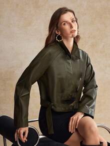 House of One Belted Cropped PU Jacket Women Autumn Winter Casual Wear