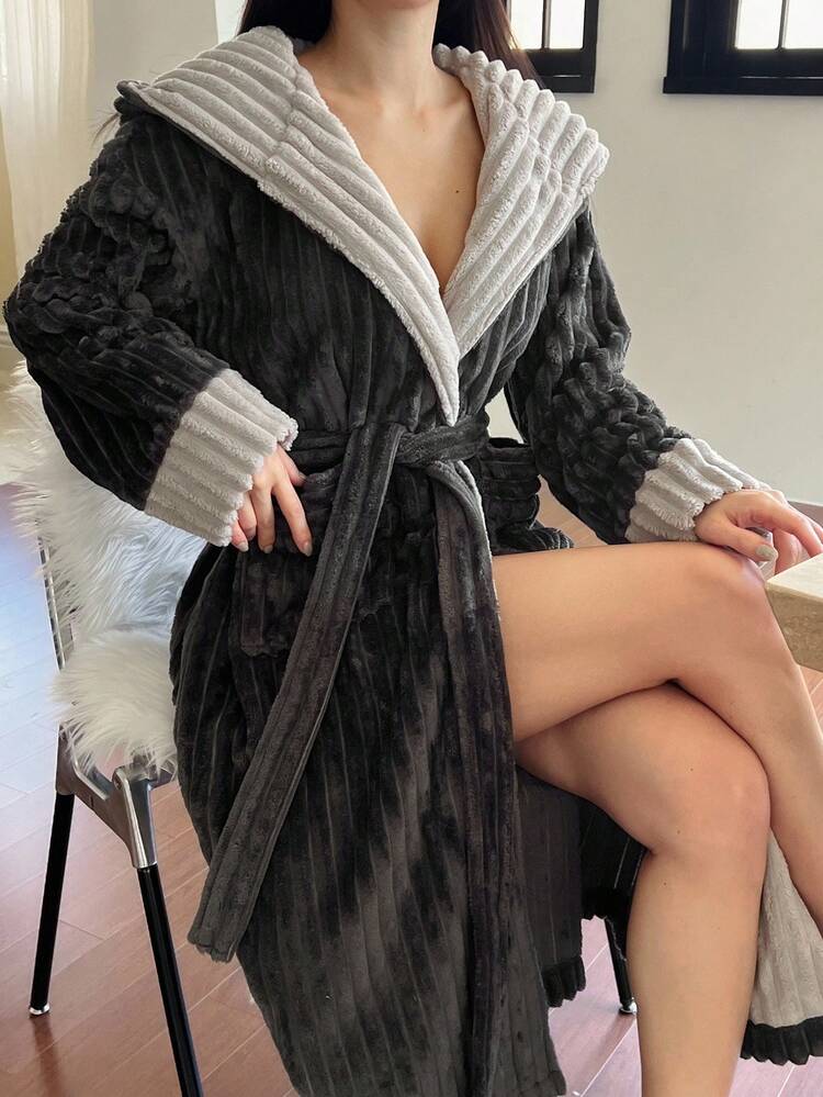 Women's Striped Textured Fleece Color Block Hooded Long Robe, Winter Loungewear, Fall Winter Fluffy Pajama, Cozy Outfit