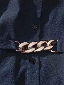 DreamSkyne 女士金属装饰灯笼袖长衬衫，优雅时尚 - 藏蓝色 - 查看 5