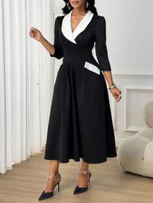 SHEIN Lady Robe élégante et pour femmes avec col châle et manches 3/4 de couleur contrastée - Noir et Blanc - Voir 5
