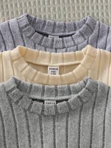 SHEIN Playful Pals 3 Stücke Baby-Outfit-Set, inklusive elastisch geripptem Oberteil und Hose, 2 Stücke Anzug, warm und dick für den Frühling, schicke Unisex-Outfits für Herbst/Winter