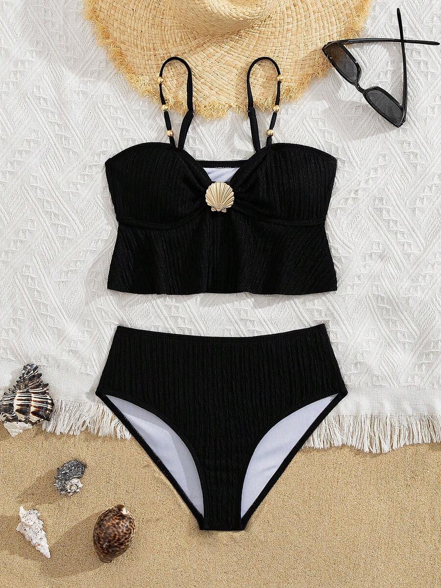 Girls Ruffled 2 Pieces Swimsuit Set, Cute Beach Vacation Swimwear - Black - View 1