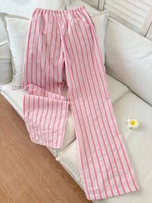 Elamini Women's Soft & Comfortable Linen Blend Striped Flare Leg Pants With Pockets, Low Waist, Elegant & Versatile For Commute, Casual, Vintage Daily Wear, Spring/Autumn Striped Wide Leg Pants Stripe Pants Wide Leg Summer Pants Fall Cloth For Women