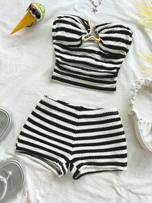 Soleia 2pcs Women's Vacation Energetic Black & White Striped Textured Cropped Halter Top With Metal Buckle Decor And Super Short Casual Pants Set, Suitable For Dates, Parties, Casual Beach Vacation - Black and White - View 6