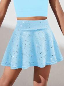 SHEIN 年轻女孩运动服蓝色星空印花弹力舒适瑜伽舞蹈裙 - 藍色 - 查看 4