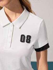 Gameset SHEIN Sport 女式休闲拼色数字印花运动 Polo 衫，夏季 - 白色 - 查看 7