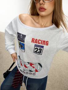 INAWLY 2025 Women's Fashion Pattern Oblique Shoulder Sweatshirt Jacket - Light Grey - View 6