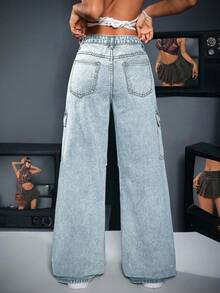 SHEIN ICON 女士休闲洗水工装阔腿牛仔裤 - 淺色水洗藍 - 查看 5