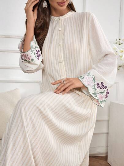 Al Najma Women's Floral Embroidered Striped Flare Sleeve Arabic Style Dress